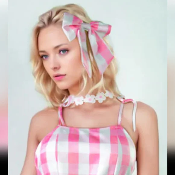 Pink & White Gingham Tie Shoulder Fit To Flare Dress + Costume Accessories (L) - Picture 10 of 16